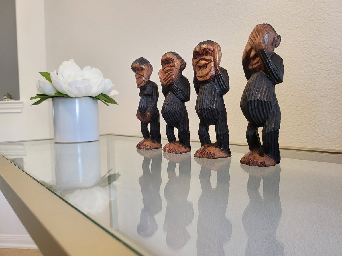 Akonuche Quartet — Hand-Carved African Monkey Figurine Set (4-Piece)