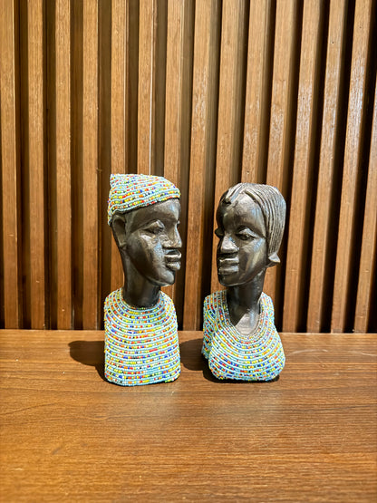 Oba & Olori Royal Couple Busts - African Wood Sculpture