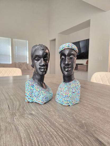 Oba & Olori Royal Couple Busts - African Wood Sculpture