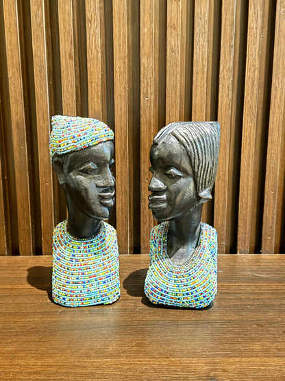 Oba & Olori Royal Couple Busts - African Wood Sculpture