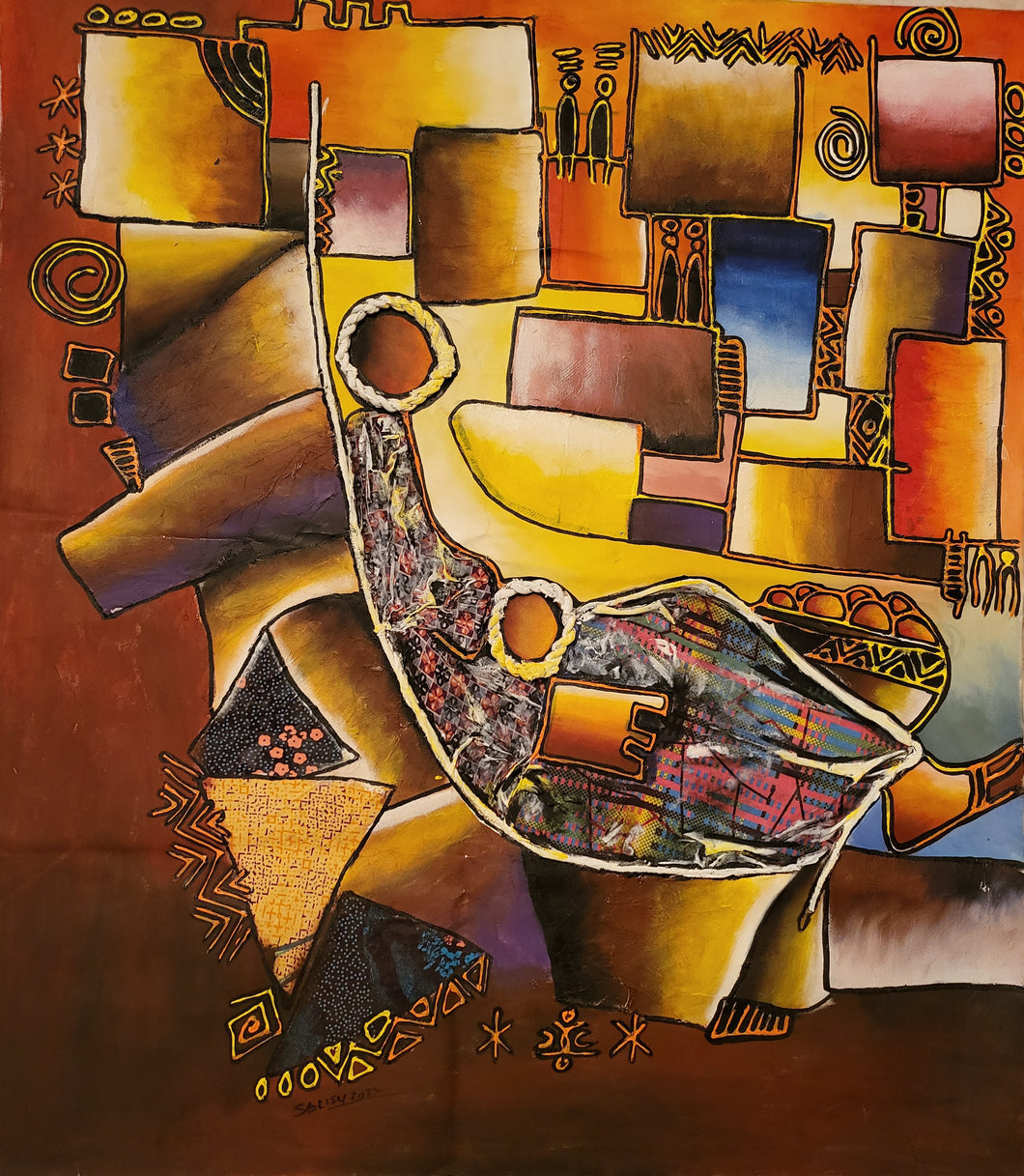 ìyá àti ọmọ - African Abstract Collage Painting (48 x 41 in)